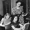 June Carlson, Sybil Jason, and teacher Miss Catherine Hagan, 20th Century-Fox studio school, 1939