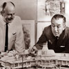 Disneyland Red Wagon Inn model photo with Walt Disney and John Hench, May 20, 1965