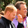 Photo of Modern Family taping at Disneyland with Jesse Tyler Ferguson, Eric Stonestreet, and Aubrey Anderson-Emmons, February 29, 2012