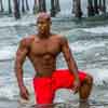 Bodybuilder at Pacific Beach Crystal Pier in San Diego, July 20144