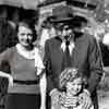 Janet Gaynor, Will Rogers, and Shirley Temple outside Fox Commissary during filming of The Little Colonel, 1935