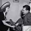 The Bachelor and the Bobby-Soxer production photo with Shirley Temple and Hollywood columnist Jack Hirshberg 1947