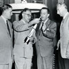 Dr. Wernher von Braun, Willy Ley, Walt, and Dr. Heinz Haber between scenes of 1955's Man In Space